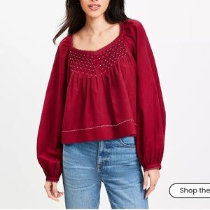 Romantic Boho Cottagecore Cranberry Cropped Embroidered Top S LOFT